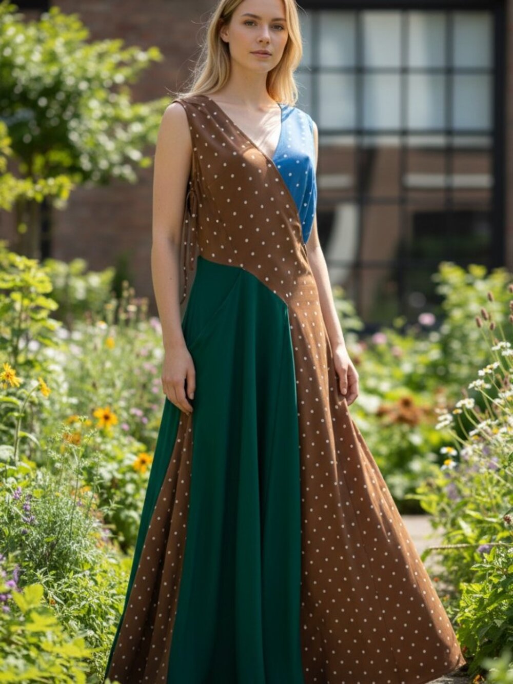 Diane Von Furstenberg Polka Dot Colorblock Maxi Dress With Asymmetrical Neckline